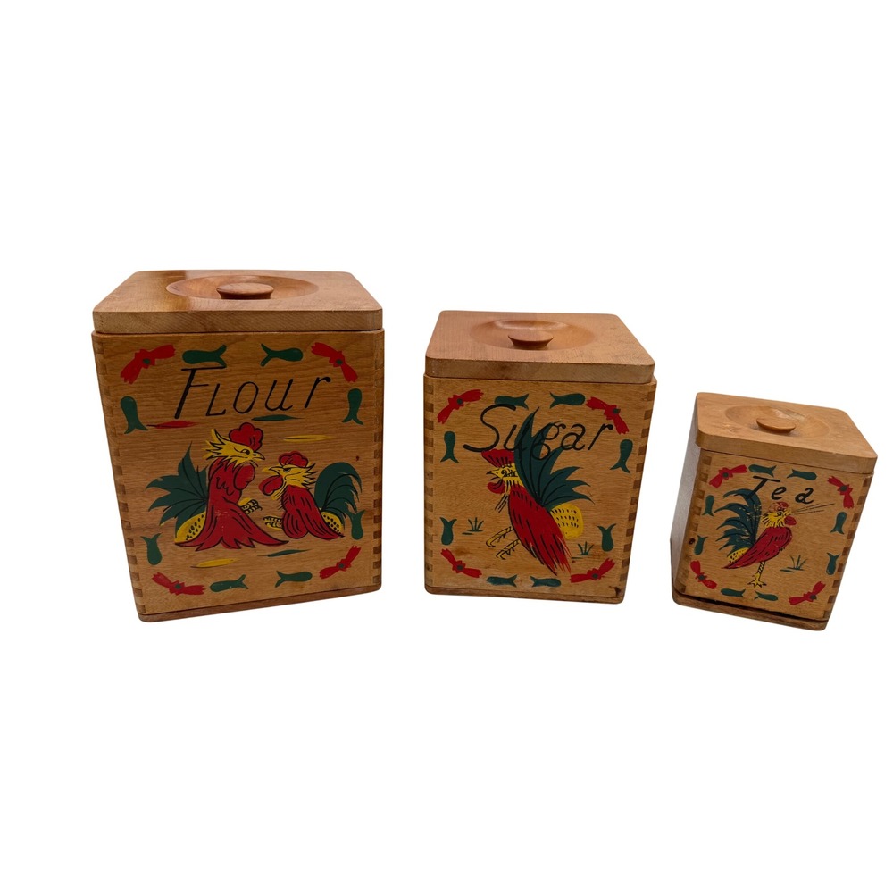Vintage 50s Wooden Rooster Canister Set HandPainted Mid-Century Japan Kitsch